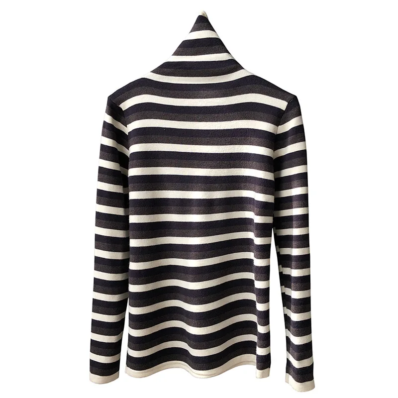 

Bazhenova Women Striped Turtleneck Sweaters Ladies Winter Elegant Hit Color Knitted Tops Girls Warm Fall Bottoming Sweater R1069