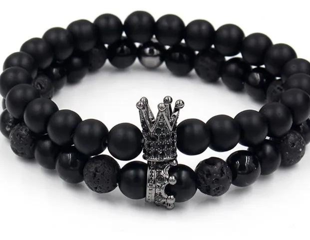 8mm 2PCS/Lot jmn67 elastic adjusted nature stone Frosted agate Onyx black volcanic lava white Howlite Crown Bracelet | Украшения и