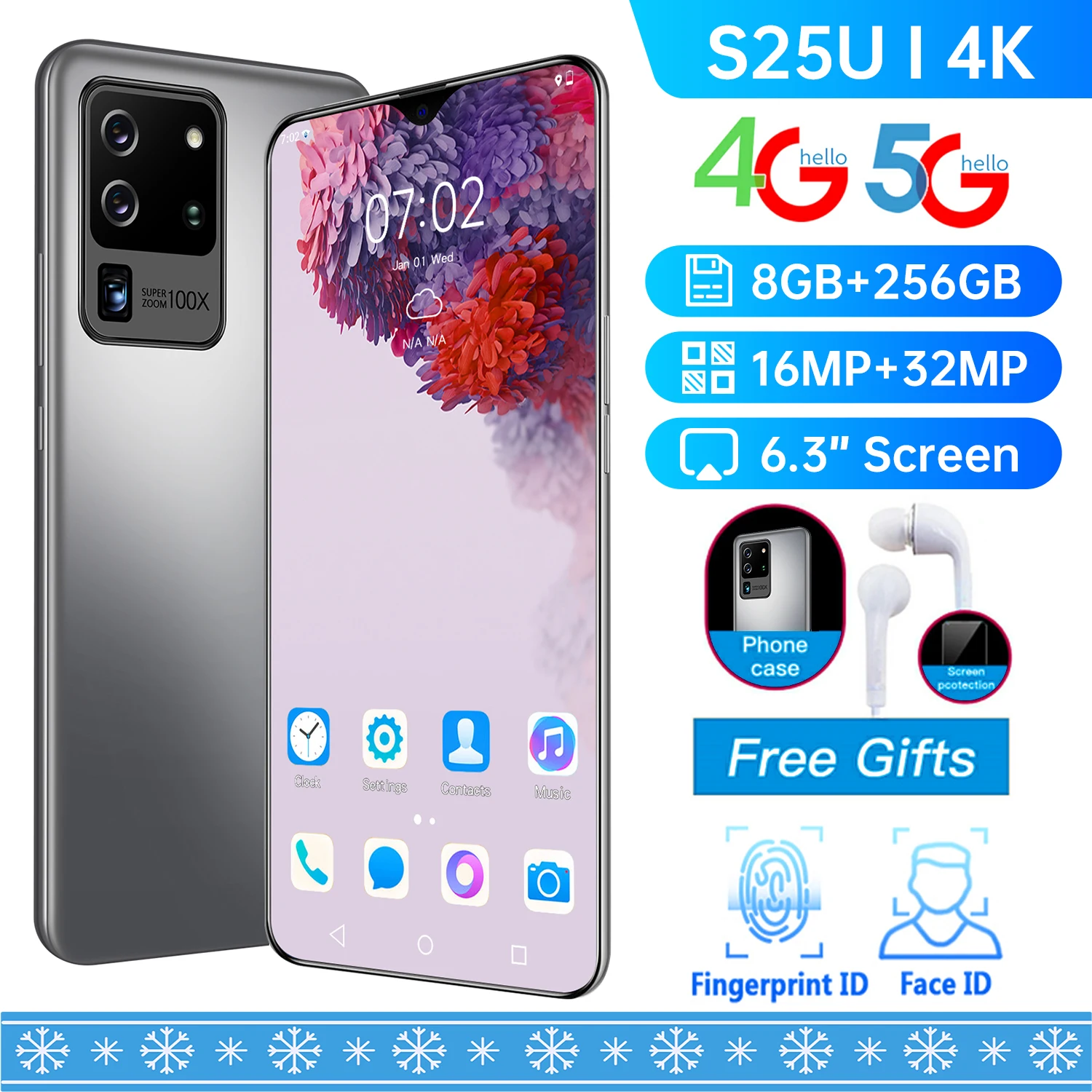 

New S25U 6.3-inch Smartphone 32MP 8G 256G Fingerprint Unlocks the Dual Card Standby Full-screen Ultraben Phone 4G Network