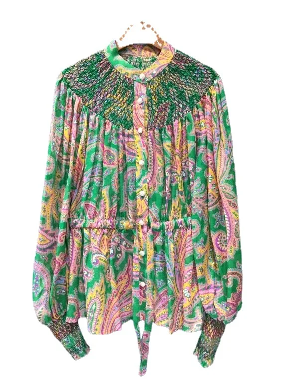

2021 Summer Retro Style Stand Collar Waist Drawstring Long Sleeve Printed Top