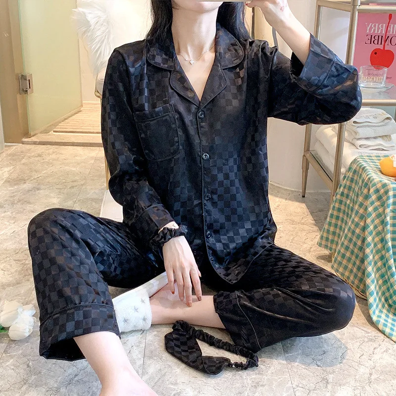 

Ins Spring Autumn Pajamas Women Ladies Four-Piece Ice Silk Korean Home Wear Suit Long Sleeve Lapel Sleepwear Set Pyjama Femme
