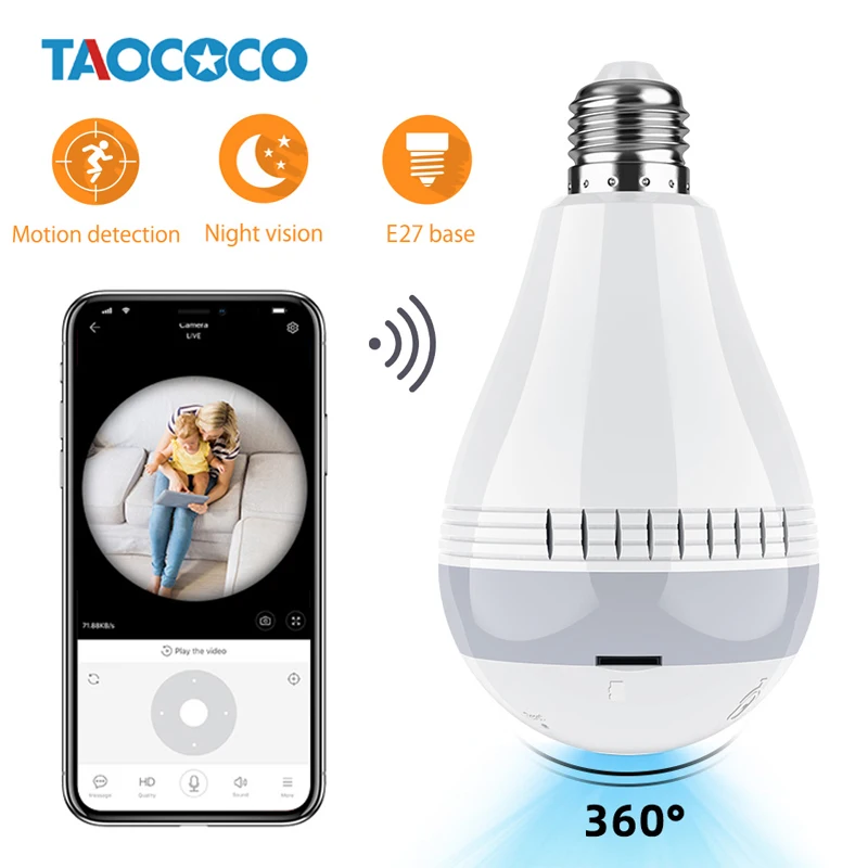TAOCOCO светодиодный светильник, беспроводная панорамная HD ip-камера рыбий глаз, WiFi, лампа, лампа для домашнего видеонаблюдения, камера ночного видения 1080P