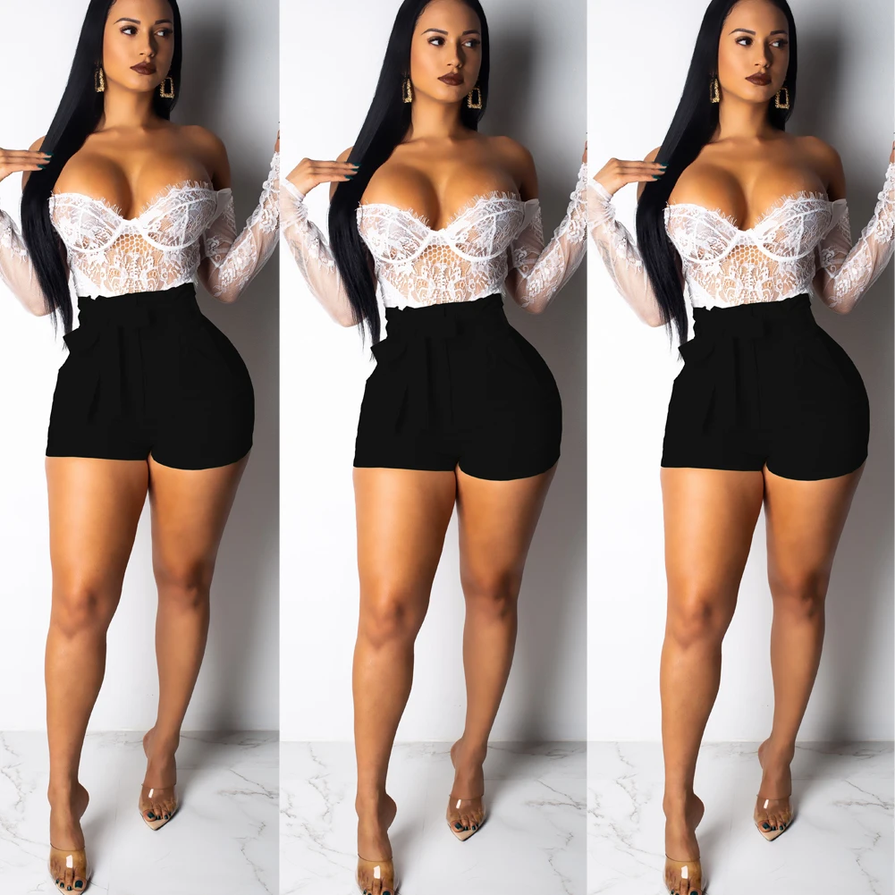 

Women High Waist Shorts Bow Tie Belt Wide Leg Shorts Female Summer A-Line Loose Solid Yellow Black White