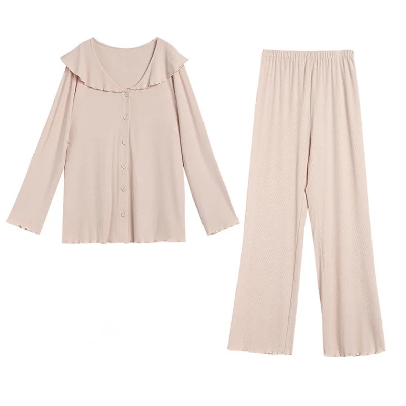 QWEEK Kawaii Pajamas Clothing Sets for Pregnant Women Autumn Two Piece Sleepwear Cute Pijama Solid Pyjama Suit Plus Size 3XL 4XL