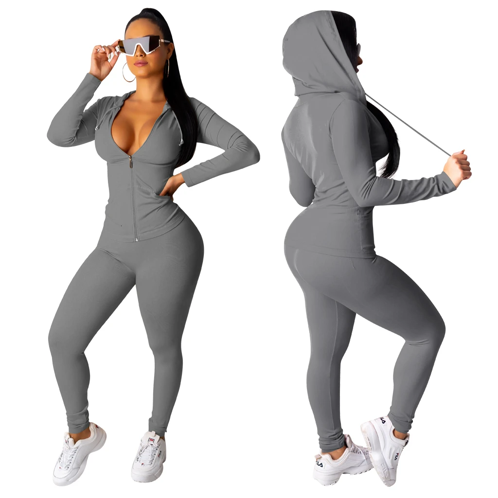 gray Куртки с капюшоном, комплект из 2 предметов, женская одежда на осень и зиму, топ и спортивные штаны, спортивный костюм, комплект из двух предметов, комплект одежды - Цвет: gray
