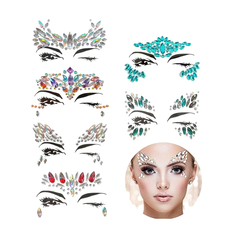 

6 Sets Face Gems Rhinestone Mermaid Face Jewels Tattoo - Face Crystal Stickers Tears Gem Stones Bindi Temporary Stickers