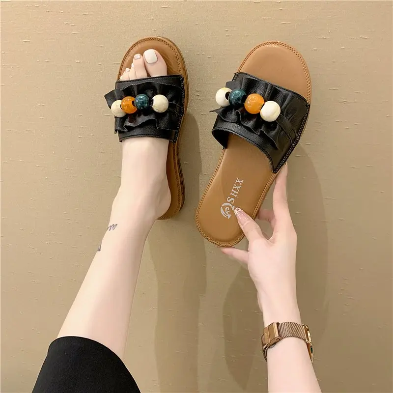 

Summer Open-toed Women's Slippers 2021 Fashion Simple Casual All-match Vamp Beaded Decoration Trend Outer Wear Women's Slippers