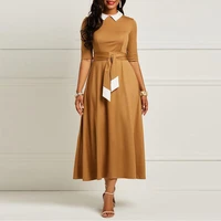 summer polo neck pleated polyester women skater dress fall short sleeves formal long maxi khaki loose zopper up red party dress