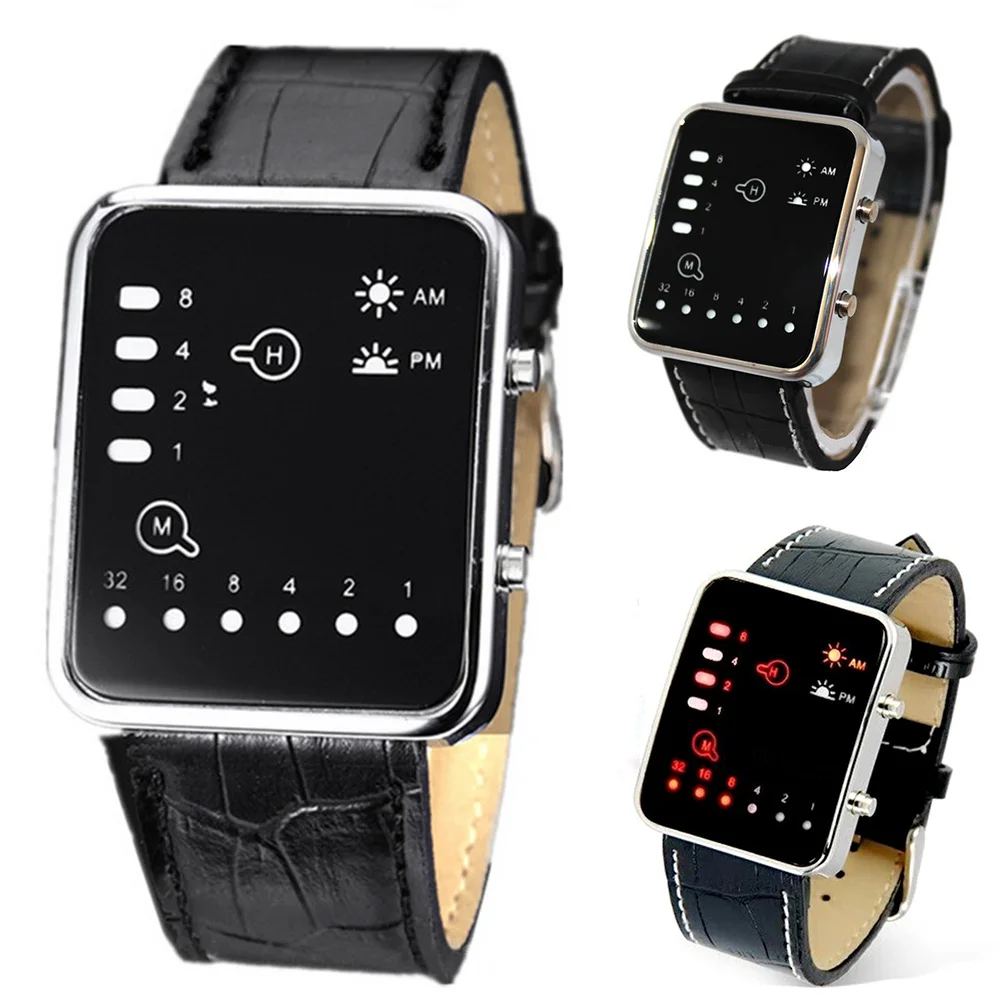 

Men Faux Leather LED Display Daily Electronic Gift Digital Waterproof Luminous Rectangle Binary Fashion Practical Sport Watch