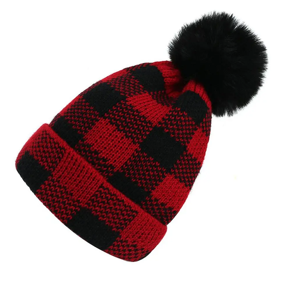 

Winter's Caps Unisex Knitted Warms Hat Faux Fur Oversized Plaid Stretchy Hats Caps Soft Parent Child Beanie Hat