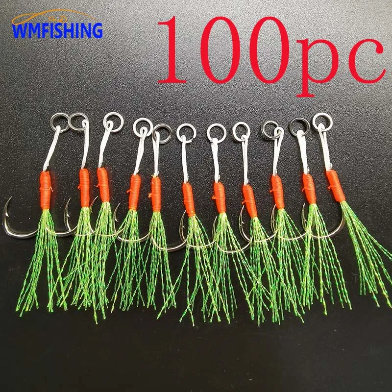 

100pcs/Lot Assist Hook Fishing Lure Fish Cast Jigs Barbed Single Jig Hooks Thread Feather Pesca Carbon Steel Peche Slow Jigging