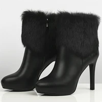 winter warm rabbit fur shoes women genuine leather thin high heels platform pumps shoes female high top round toe ankle boots