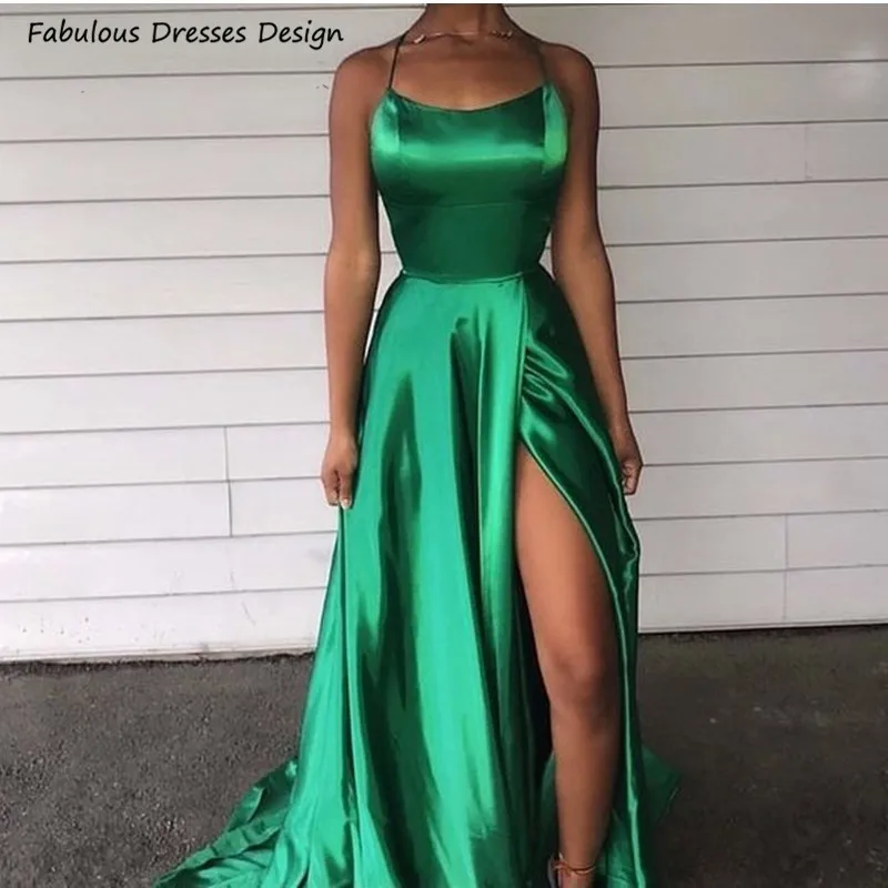 

2021 трапециевидной формы сатиновое платье для выпускного вечера зеленый крест-накрест с низким вырезом на спине с разрезом длинное вечернее...