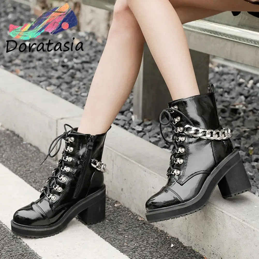 DORATASIA Big Size 43 Female Boots Vlack Lace Up Zip Chain Platform Motorcycle Shoes Cool Fashion Punk Goth Stree Women | Обувь