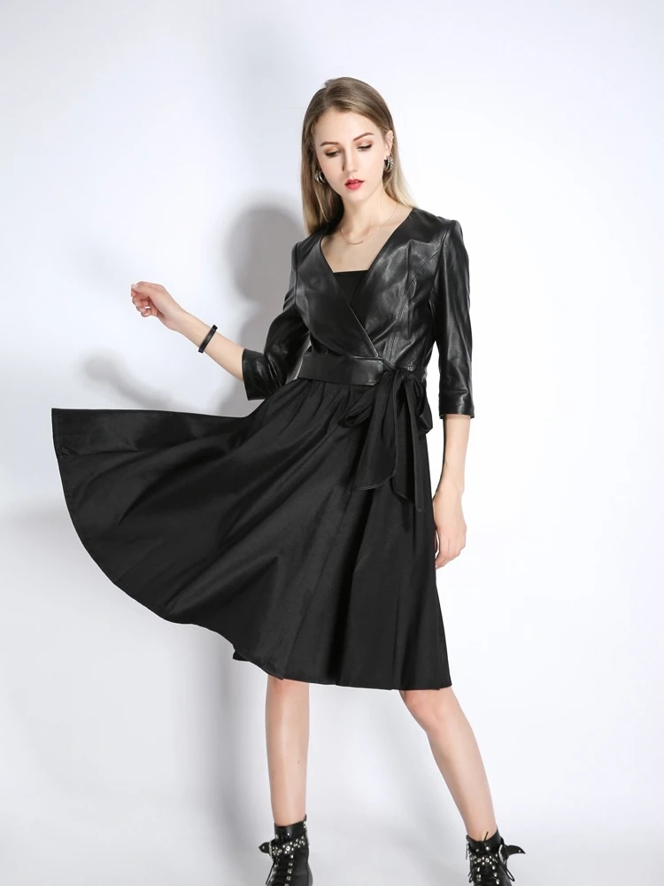 

Модная женская куртка с v-образным вырезом, женские Куртки из натуральной кожи, весна 2020, тонкая трапециевидная большая юбка, пальто для женщ...