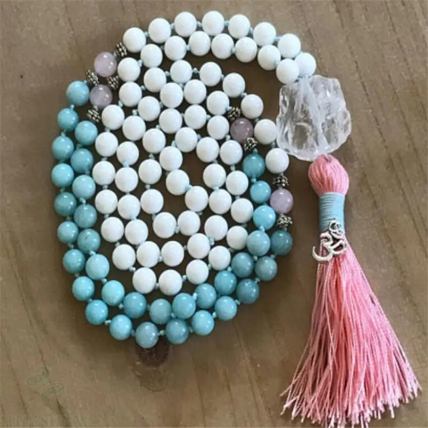 

8mm Tridacna Aquamarine Mala Necklace 108 Beads Tassel pray natural Wrist Chakas Bless Unisex yoga Sutra Meditation energy cuff
