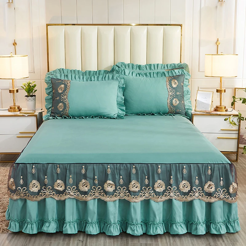 Зеленое романтическое кружевное постельное белье юбка мягкое покрывало для