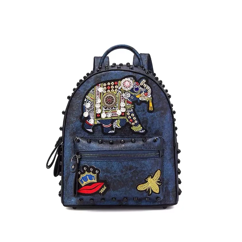 Мини-рюкзак с вышивкой слона и двойным наплечным ремнем со стразами модная