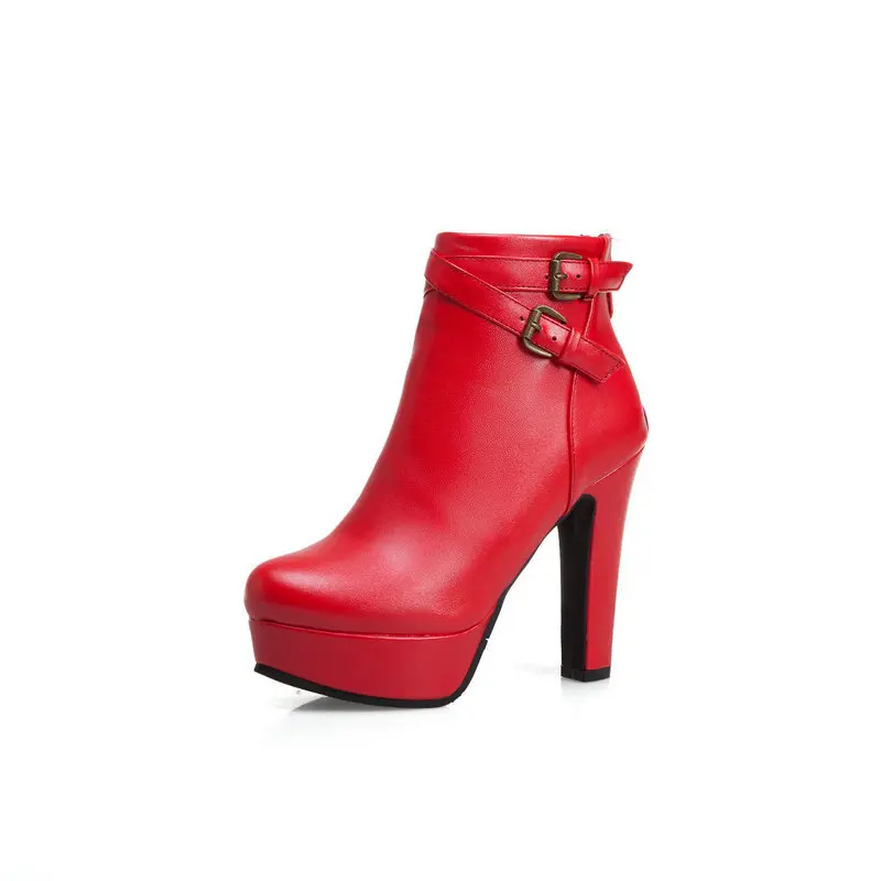 

Hjwsfdcai Women High Heel Short Boots Ladies Platform Zipper Belt Buckle Decor Ankle Boots Classic Fashion Round Toe Woman Shoes