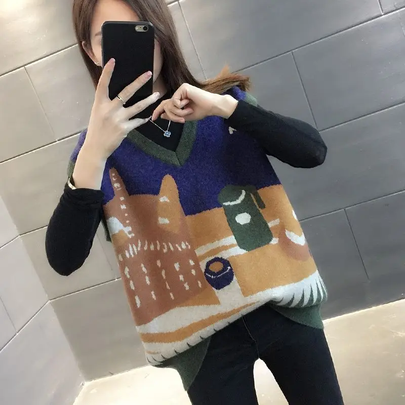 

Korean Sleeveless Women Knitted Sweater Vest Knitting Pullovers Waistcoat Jumper Top V Neck Vintage Cartoon Sweaters Casual