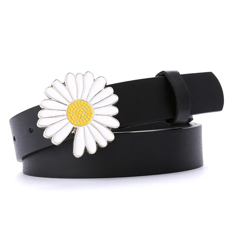

2020 South Korea Celebrity with The Same Black Belt Female Sweet Decoration Small Daisy Flower Designer Belt Chain Belt