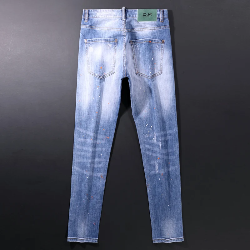 High Street Fashion Men Jeans Retro Light Blue Distressed Elastic Slim Fit Ripped Jeans Men Painted Designer Hip Hop Denim Pants