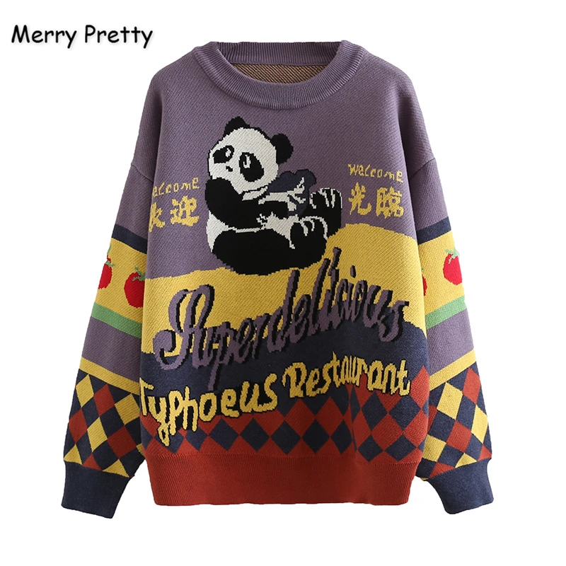 

MERRY PRETTY Women's Cartoon Panda Embroidery Knitted Sweaters 2020 Winter Thick Warm Harajuku Cute Jacquard Sweater Pullovers