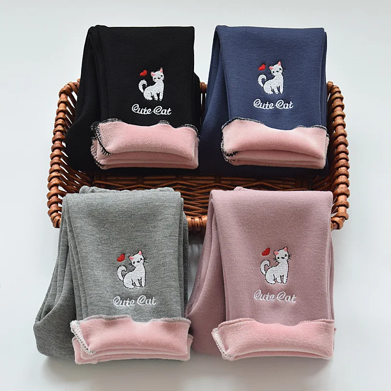 

New Cartoon Kids Winter Thick Leggings for Girls Warm Pants Cat Pant Elastic Waist Plus Velvet Legging Children Trousers