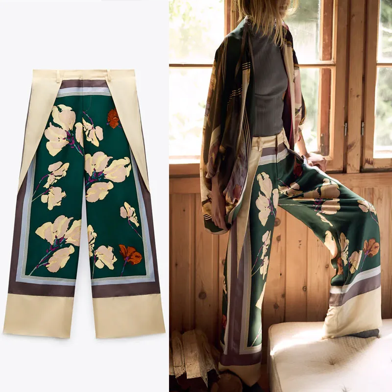 

Za 2021 Print High Waist Trousers Women Summer Loose Wide Leg Pants Feminine Vintage Front Button Casual Female Trousers
