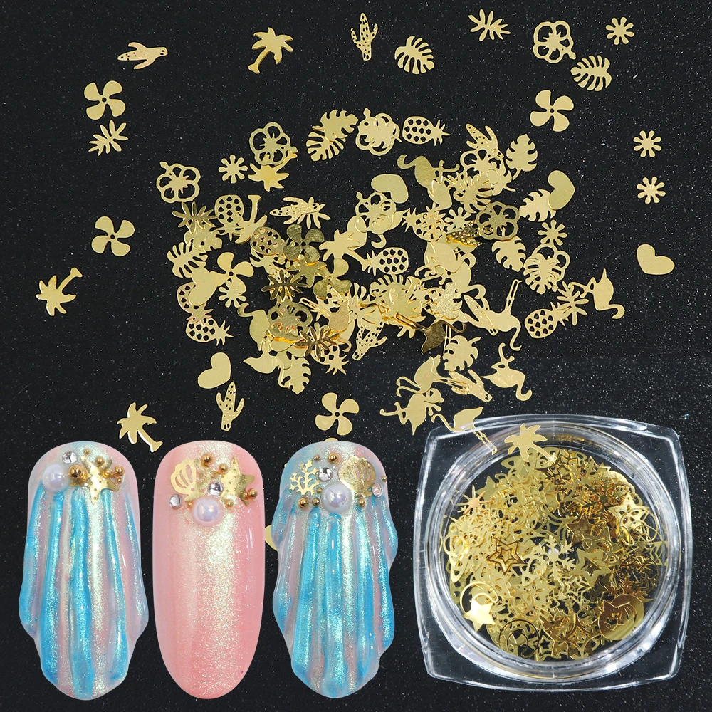 120 шт. золотые блестки для ногтей полые металлические хлопья 3D ракушки Фламинго