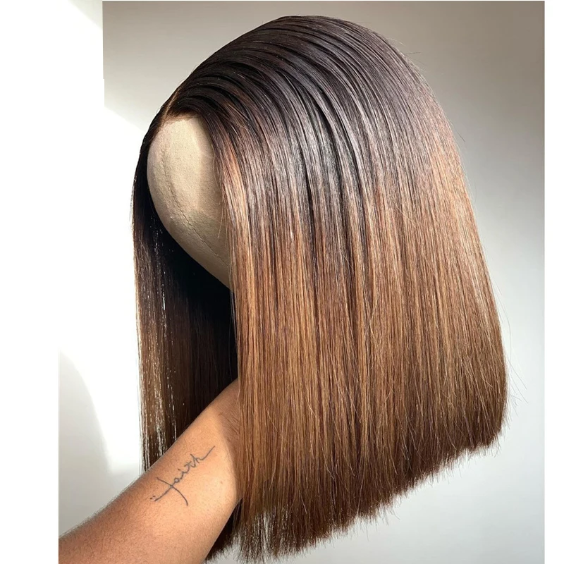 

Blunt Cut Short Bob Highlight Ombre Brown Color Preplucked Silky Straight Human Hair Scalp Top Closure Wigs Lace Front Wigs