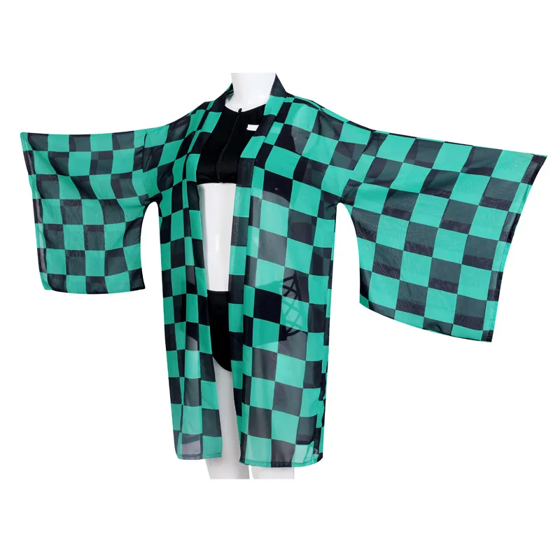 Demon Slayer Cosplay Swimsuit Kimetsu no Yaiba Kamado Tanjirou Two Piece V Neck Bathing Suit with Sheer Kimono Cardigan |
