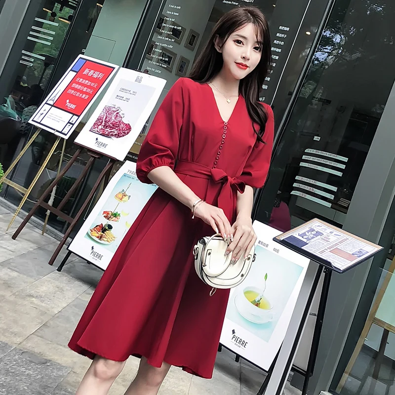2020 The New Spring Women Bohemian Dress V-Neck Vintage Korean Fashion Elegant Ladies Party Casual Sexy Red Maxi Clothes | Женская