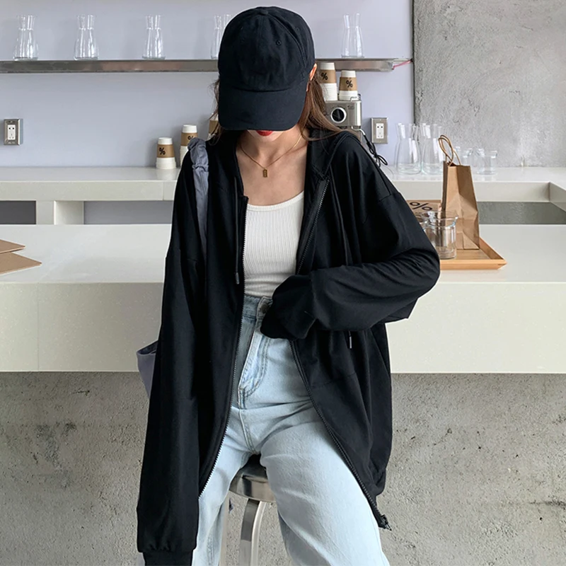 ZZSYKD Black Zip Up Hooded Sweatshirt Women Winter Jacket Coat Oversized Hoodies Retro Warm Pockets Long Sleeve Pullover Clothes