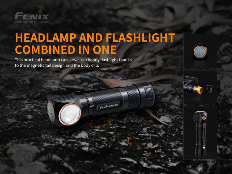 Налобный фонарь fenix HM61R Max 1200лм с зарядкой от USB 3500 мА/ч, фонарик с аккумулятором и нагрудная лампа