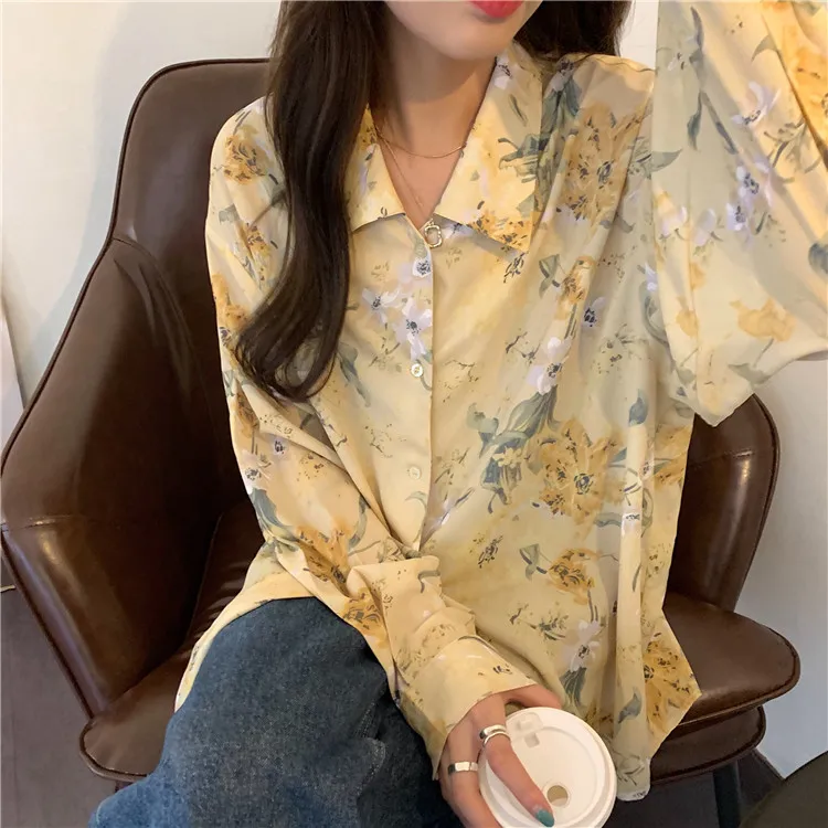 

plus size clothing for women Print Floral Chiffon Blouse Vintage Long Sleeve Loose Shirts Fashion Turn-down Collar Ladies Tops