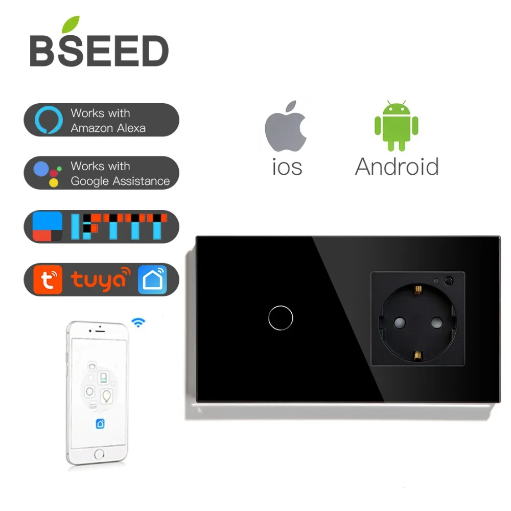 BSEED 16A Wi-Fi сенсорный выключатель 1 комплект ЕС Стандартный ЕС розетка с 3 цвета Кристалл Стекло Панель Умный переключатель