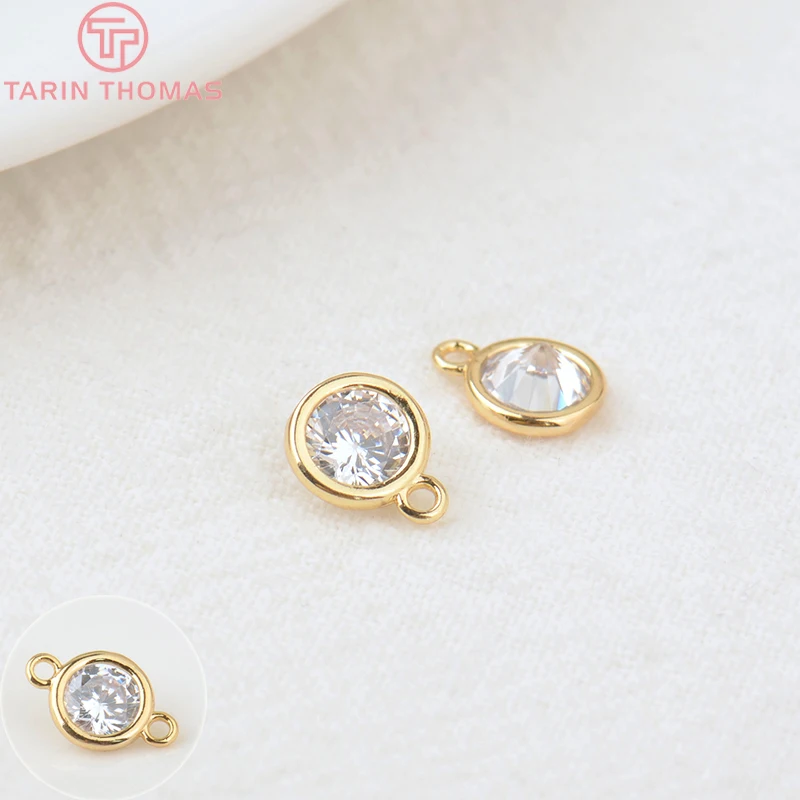 

(872)10PCS 6.5x8MM Hole 1MM 24K Gold Color Plated Brass with Zircon Round Pendants Charms High Quality Jewelry Making Findings