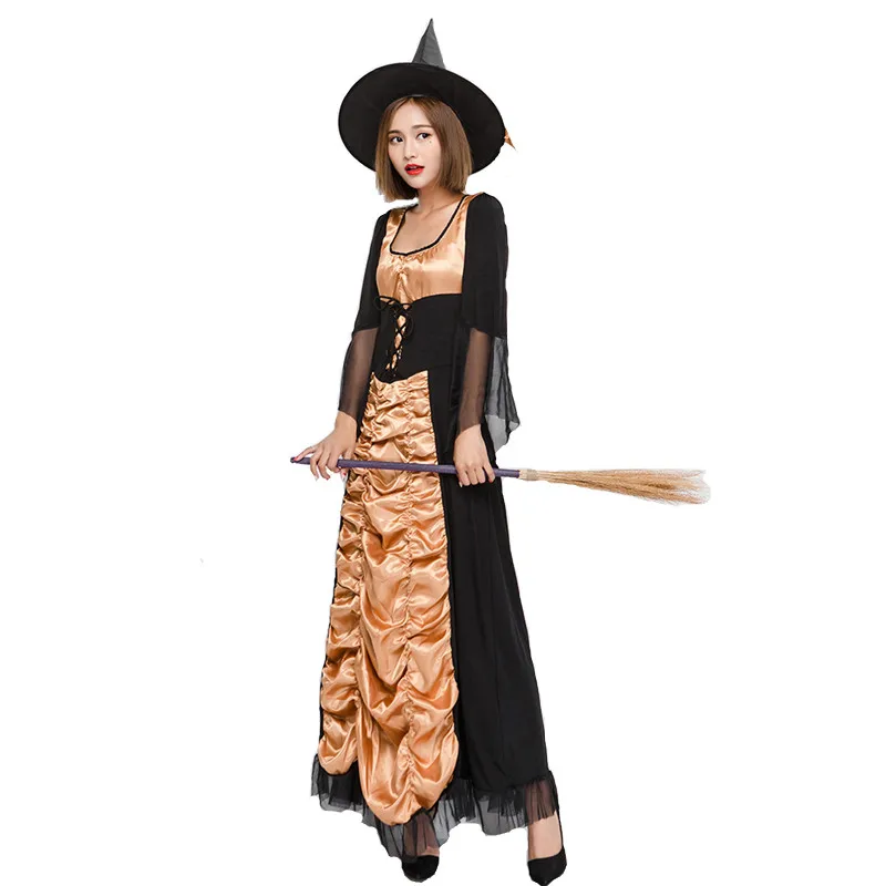 

Gothic Black Long Robe Woman Halloween Witch Costumes Female Sorceress Cosplay Carnival Purim Parade Role Play Bar Party Dress