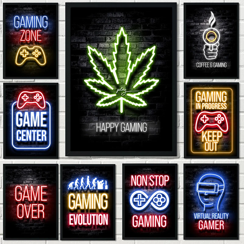 

Neon Gamer Repeat Gaming Canvas Painting Posters and Prints Game Wall Art Picture Cuadros Kids Boys Home Decoration Room Decor