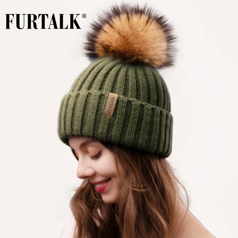 Furtalk настоящая меховая шапка с вязаным помпоном женская зимняя вязаная шапка теплая настоящий большой енот помпон шляпа для женщин