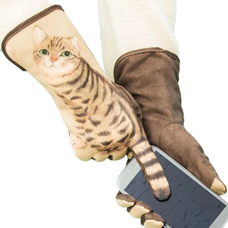 

Women Cute Kitten Tail Finger Touchscreen Gloves 3D Print Fleece Lined Mittens