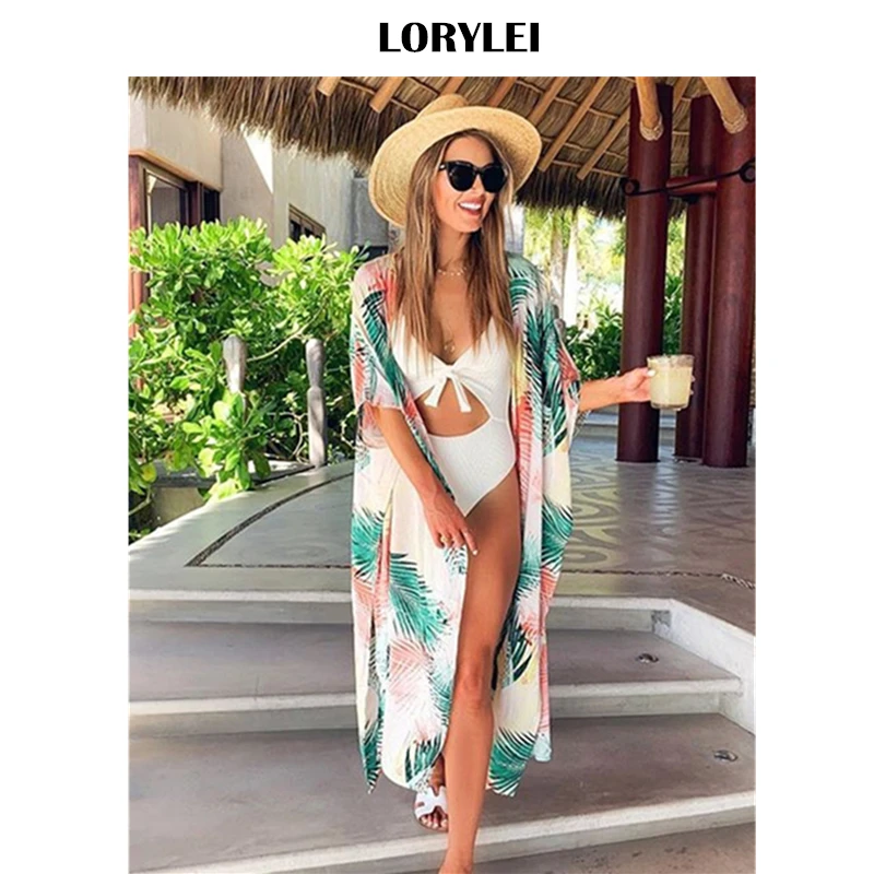 2021 тропический Bikini Cover ups в богемном стиле с принтом длинное кимоно кардиган