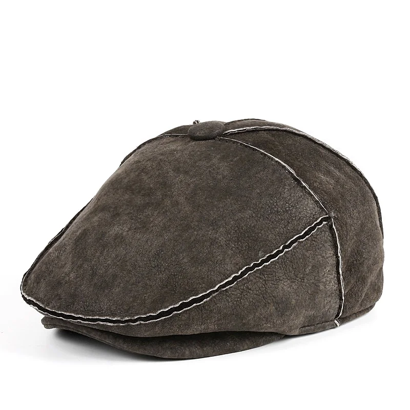 Winter Men Korean Thicken Hand-stitched Fur One Warm Forward Beret Male Genuine Leather Wool Hats Fitted black/Grey Tab Boina - Цвет: grey