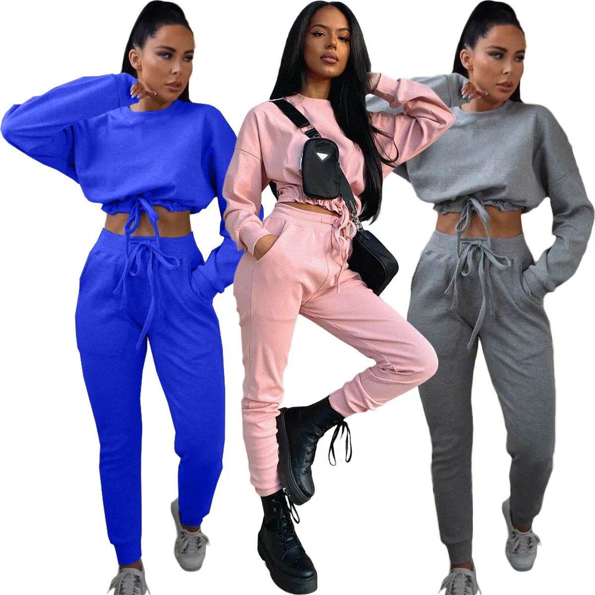 

New Autumn Winter Women's Tracksuit Solid Color O Neck Cropped Short Sweater Trousers Suit Elastic Sweater Two Piece Set Women