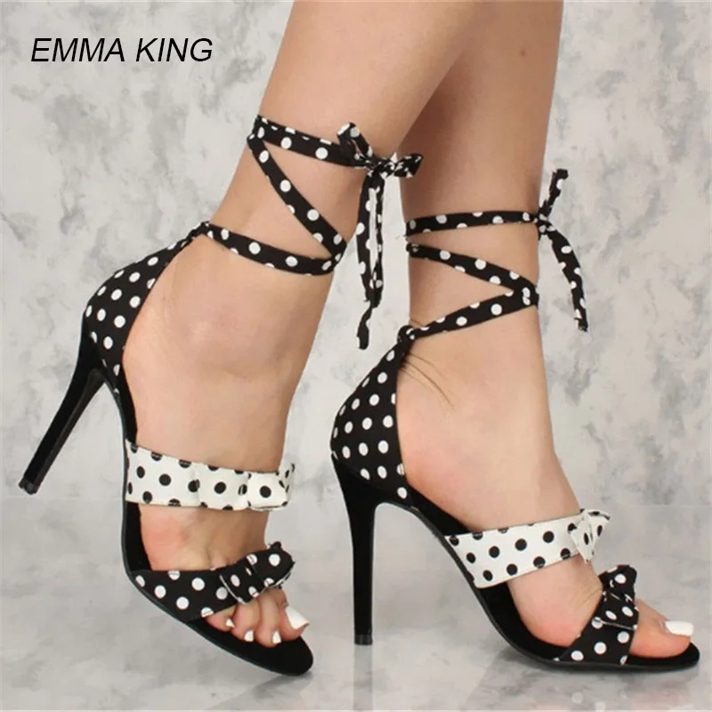

EMMA KING Zapatos Mujer Sweet Bowtie Girls Polka Dot Ankle Strap High Heels Sandalias Lace Up Ladies Dress Party Summer Sandals