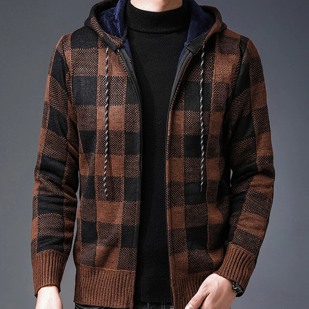 Covrlge Men's Hooded Cardigan Sweater Jacket Winter Plus Velvet Thick Plaid Warm Casual Hoodie Sweater Coat Streetwear MWK023