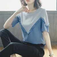 summer new fashion design sense round neck korean short sleeve hit color casual womens small shirt loose stitching t shirt