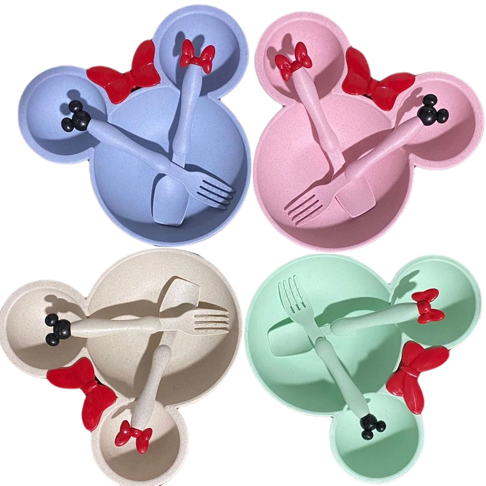 

3 Pcs Baby Tableware Wheat Straw Separate Design Cartoon Animal Pattern Non-slip Bottom Training Tood