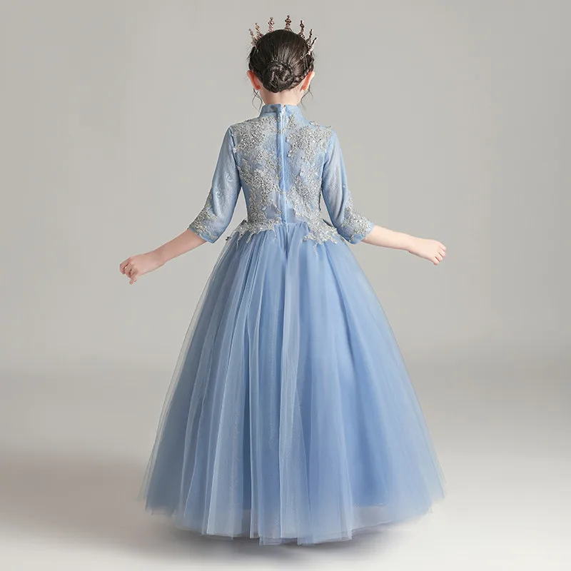 

Children Girls Luxury Embroidery Lace Half Sleeves Birthday Evening Party Princess Fluffy Dress Kids Piano Host Costumes Dress